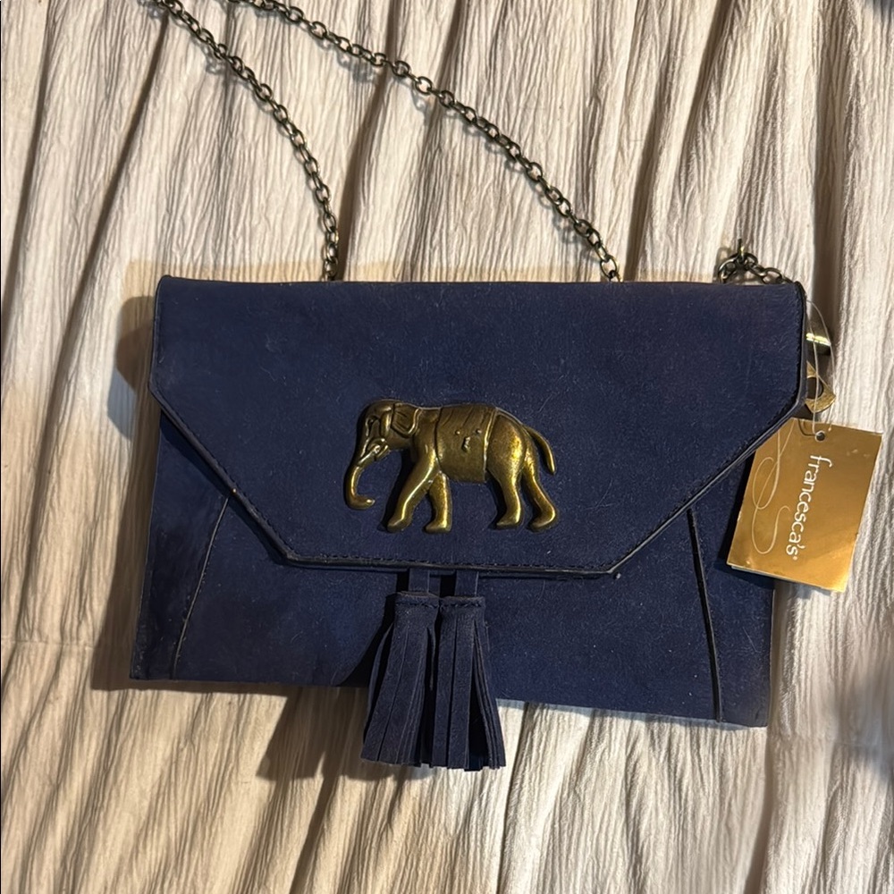 Francesca's Collections Blue / Gold Clutch w. Elephant Detail, New with Tags